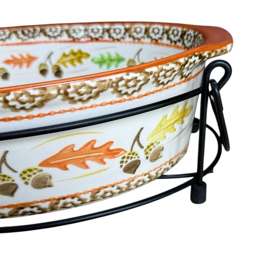 Temptations Old World Orange Acorn & Leaves 2.5qt W/ Handled Metal Carrying Rack